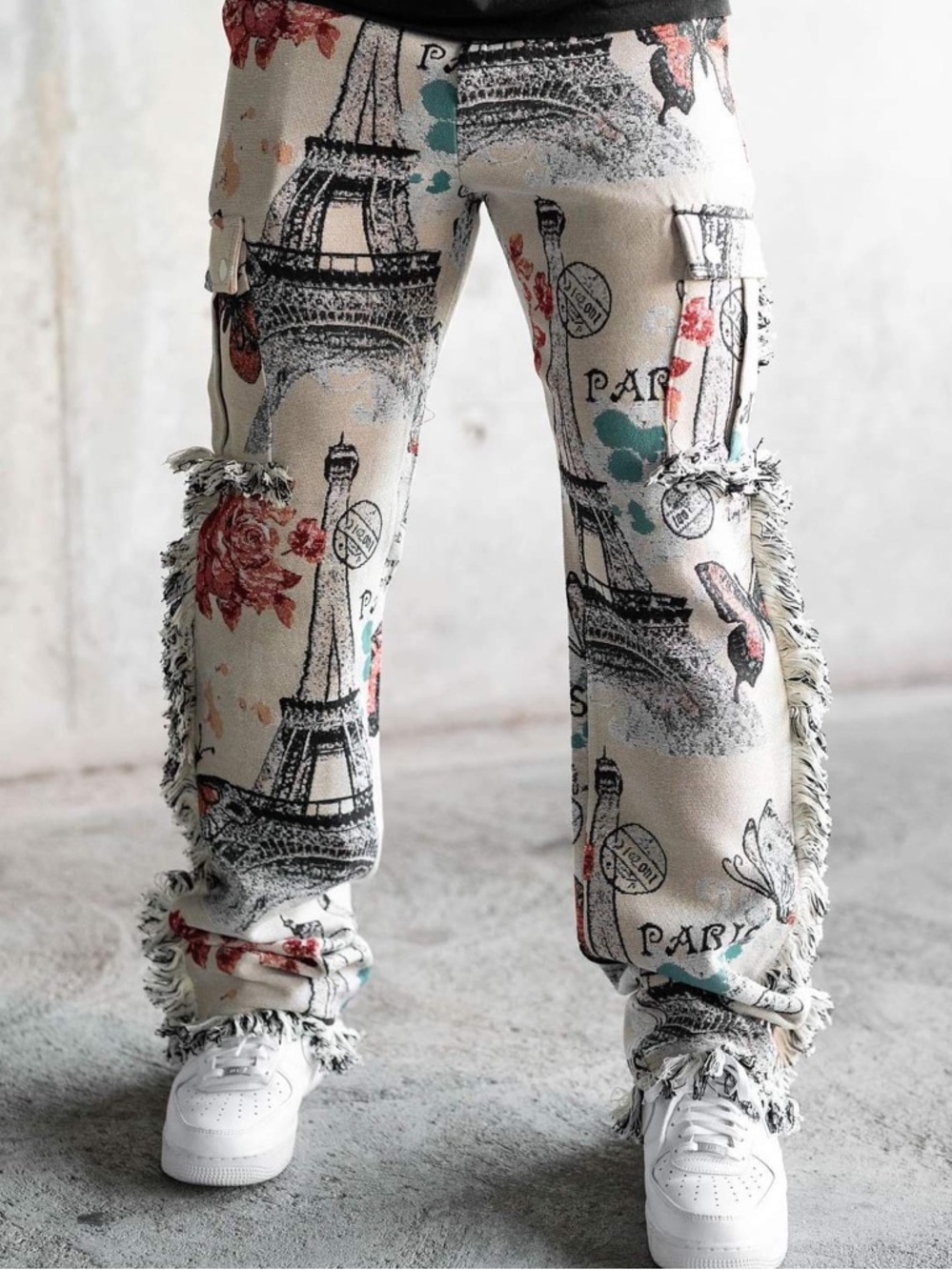 Men's Paris Print Fringe Cargo Pants - Beige